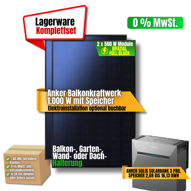 Anker Balkonkraftwerk 1.000 W mit 2 Modulen à 500 W und Anker SOLIX Solarbank 3 Pro Speicher als Komplettset