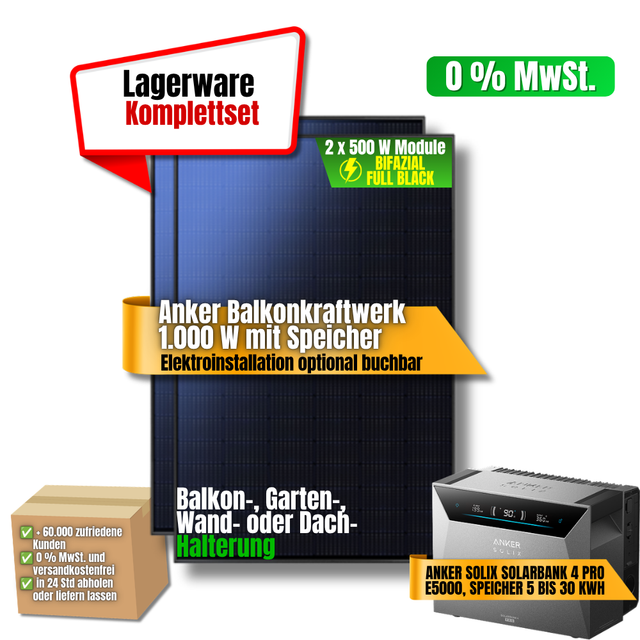 Anker Balkonkraftwerk 1.000 W mit 2 Modulen à 500 W und Anker SOLIX Solarbank 4 Pro E5000 Speicher als Komplettset