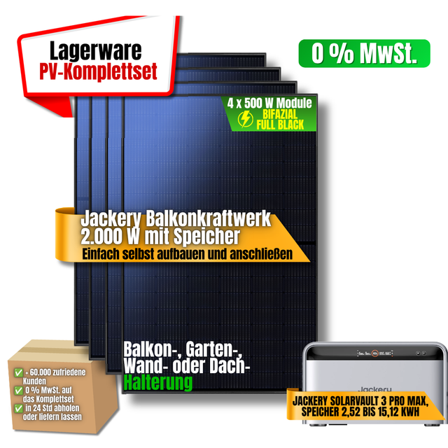 Jackery Balkonkraftwerk 2000 W mit SolarVault 3 Pro Max und vier bifazialen 500 W Modulen, Lagerware
