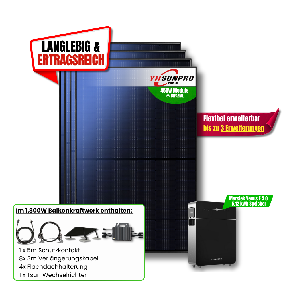 1800 Watt Marstek Venus E 3.0 5,12 kWh Balkonkraftwerk Speicher Set