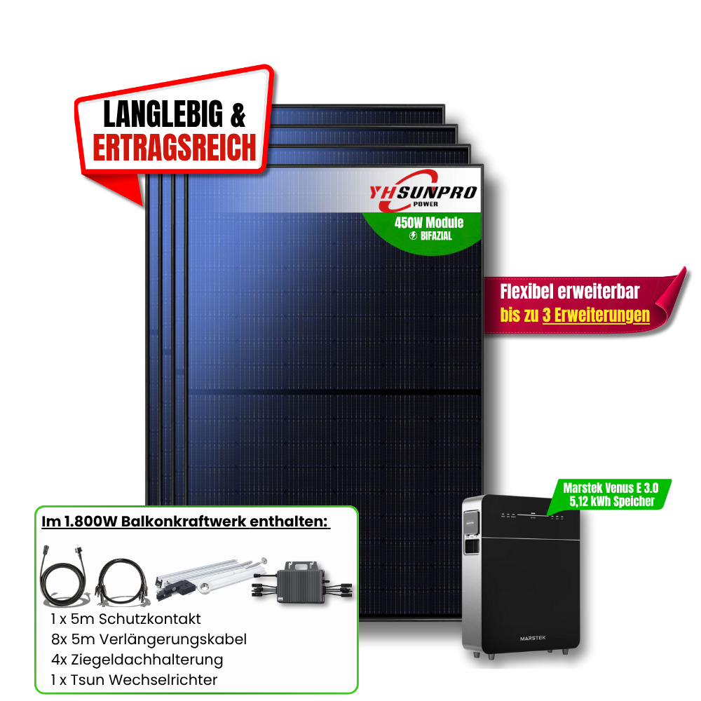 1800 Watt Marstek Venus E 3.0 5,12 kWh Balkonkraftwerk Speicher Set