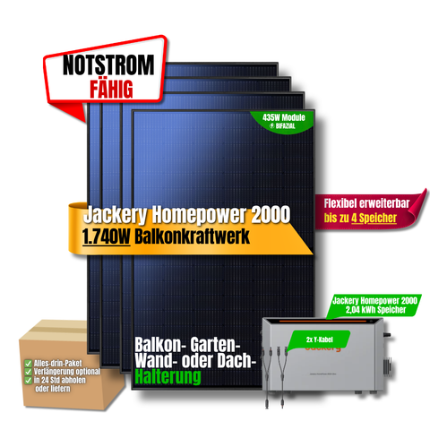 1740W Balkonkraftwerk Jackery mit 2kWh Speicher (4 x 435w Module + 2kWh Jackery Homepower 2000 Speicher)