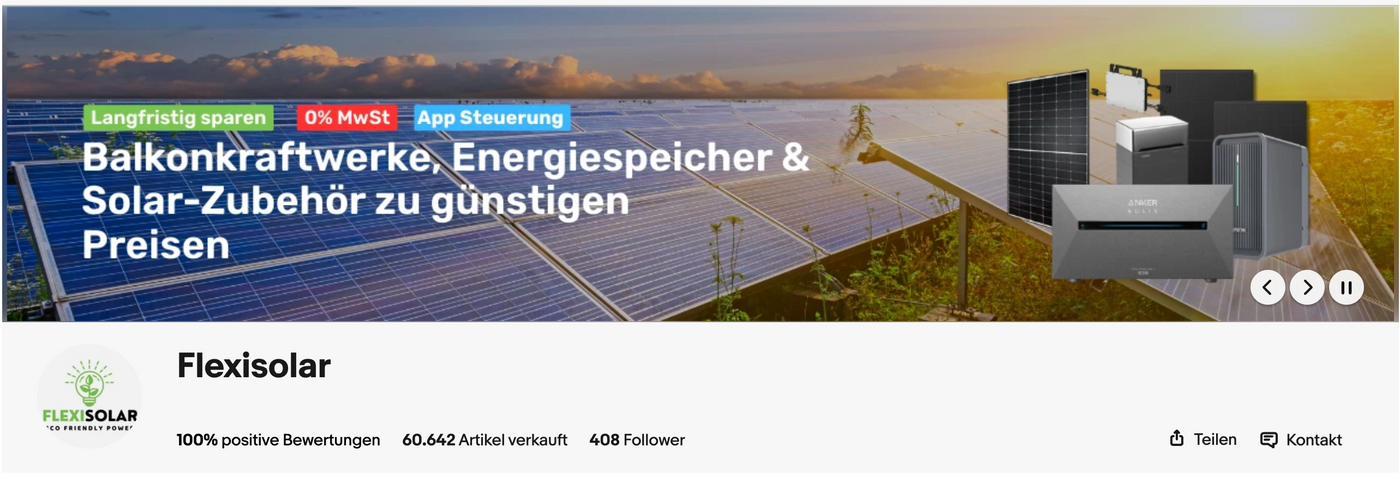 eBay-Shop von Flexisolar mit 100 Prozent positiven Bewertungen und über 60.000 verkauften Artikeln