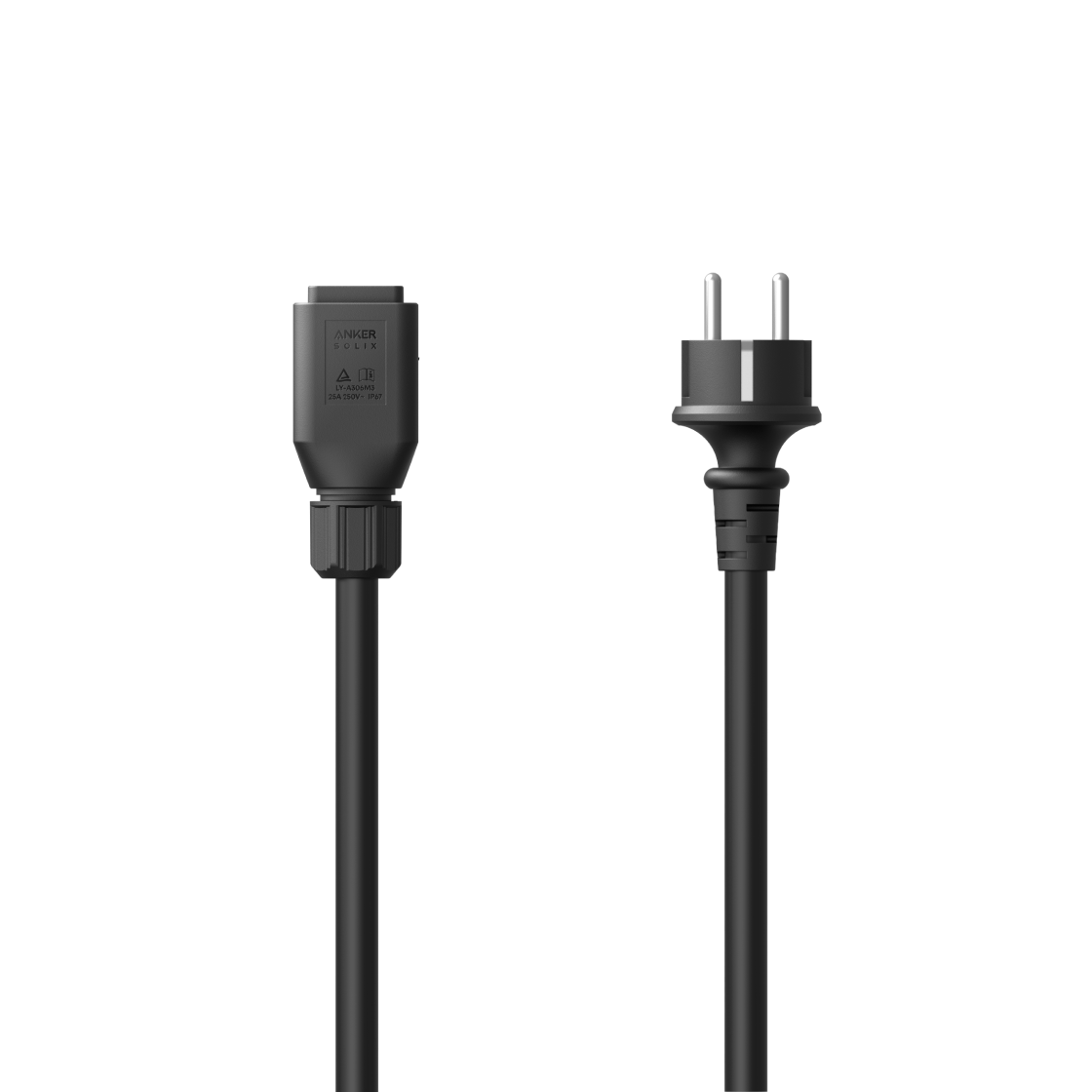 Die beiden Enden des Schuko-Kabels: Geräteanschluss für die Solarbank und Schuko-Stecker.