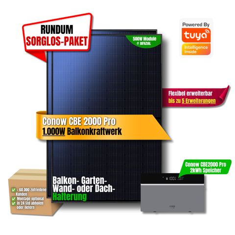 1000W Balkonkraftwerk Conow mit 2 kWh Speicher (2 x 500w Module + 2kWh CBE2000 Pro Speicher)