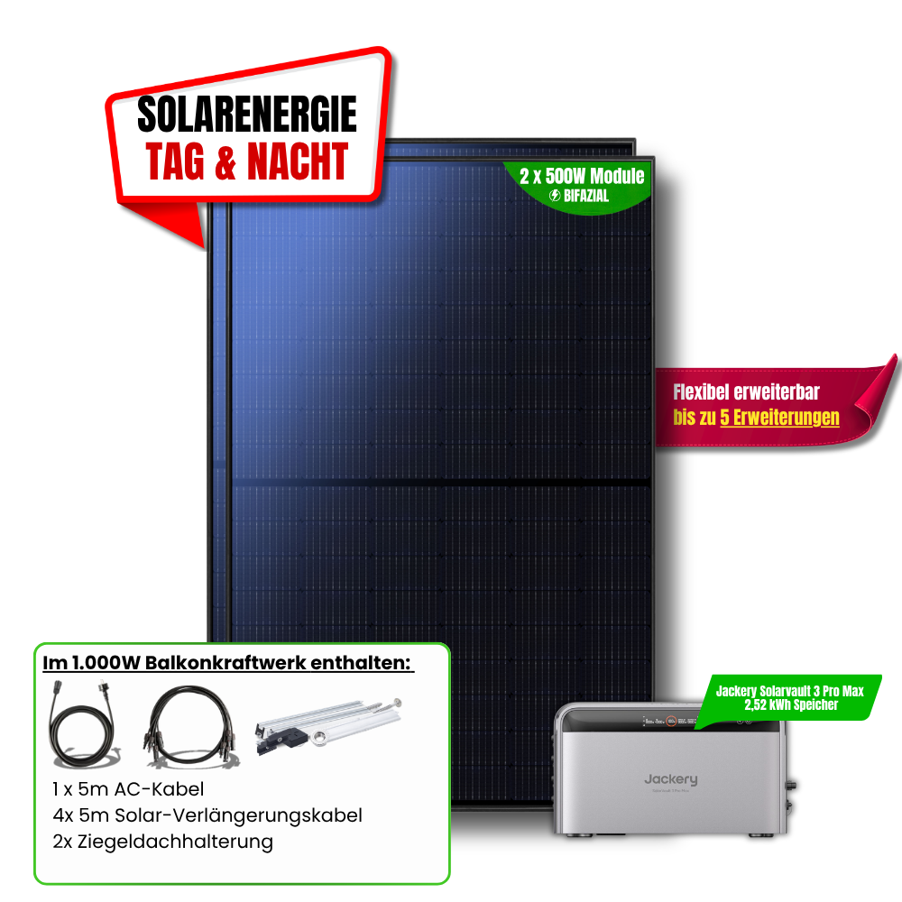 Jackery SolarVault 3 Pro Max 1000 W Balkonkraftwerk – 2× Ziegeldachhalterung, 4× 5 m Verlängerungskabel