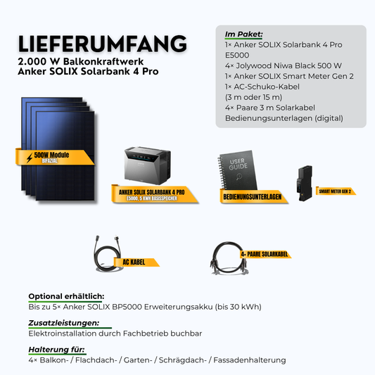 Lieferumfang: 2000W Balkonkraftwerk Anker SOLIX Solarbank 4 Pro mit 5 kWh Speicher (4 x 500 W Module)