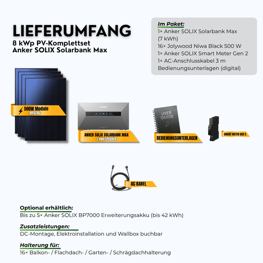 Lieferumfang: 8 kWp PV-Komplettset Anker SOLIX Solarbank Max mit 7 kWh Speicher (16 x 500 W Module)