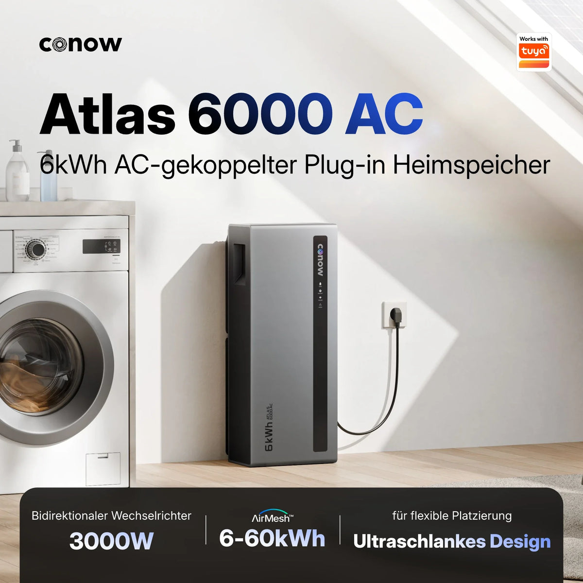 Conow Atlas 6000 AC: 6 kWh AC-gekoppelter Plug-in-Heimspeicher mit 3000 W Wechselrichter
