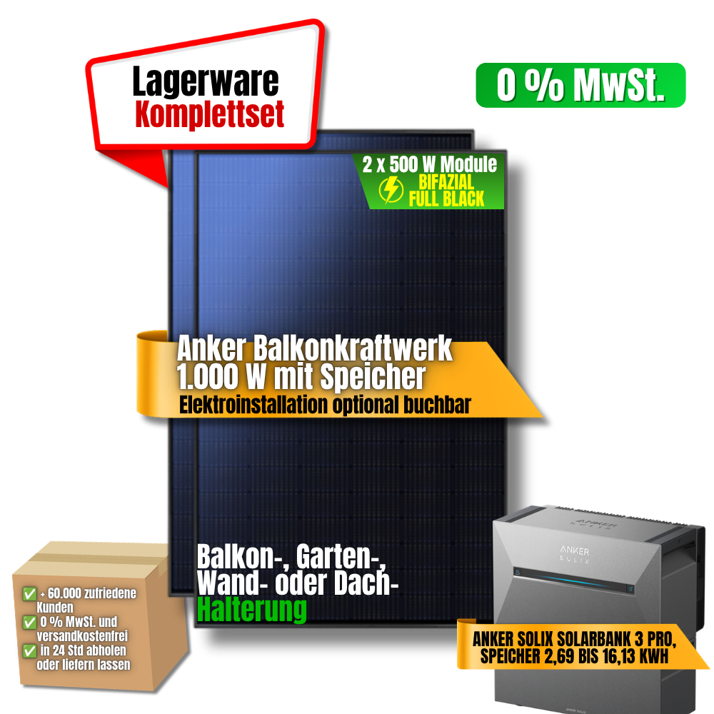 Anker Balkonkraftwerk 1.000 W mit 2 Modulen à 500 W und Anker SOLIX Solarbank 3 Pro Speicher als Komplettset