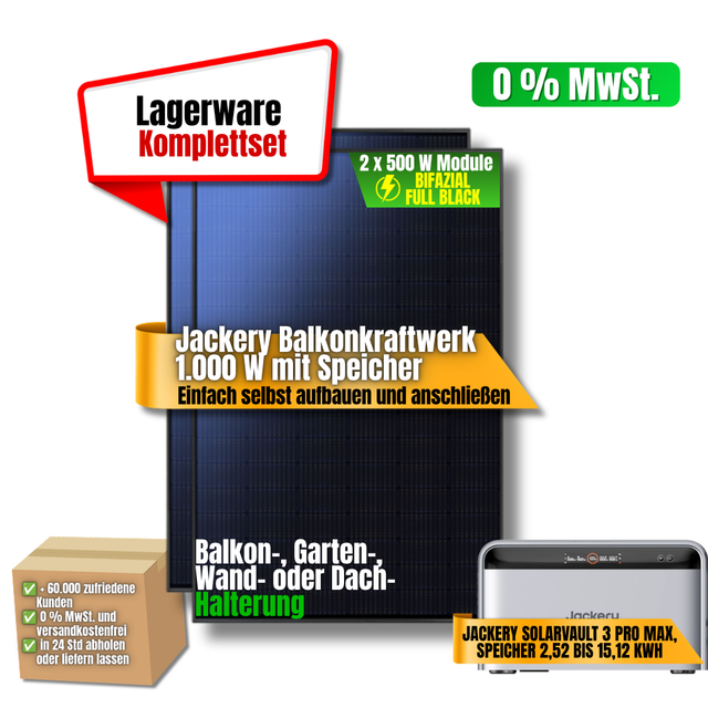 Jackery Balkonkraftwerk 1.000 W mit 2 Modulen à 500 W und SolarVault 3 Pro Max Speicher als Komplettset