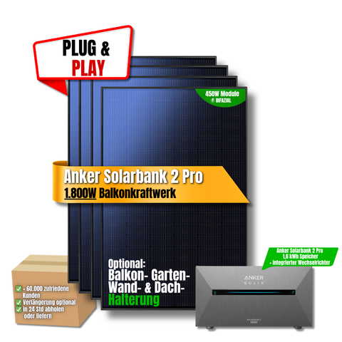 1800W Balkonkraftwerk Anker mit 1,6kWh Speicher (4 x 450w Module + 1,6kWh Anker SOLIX Solarbank 2 Pro)