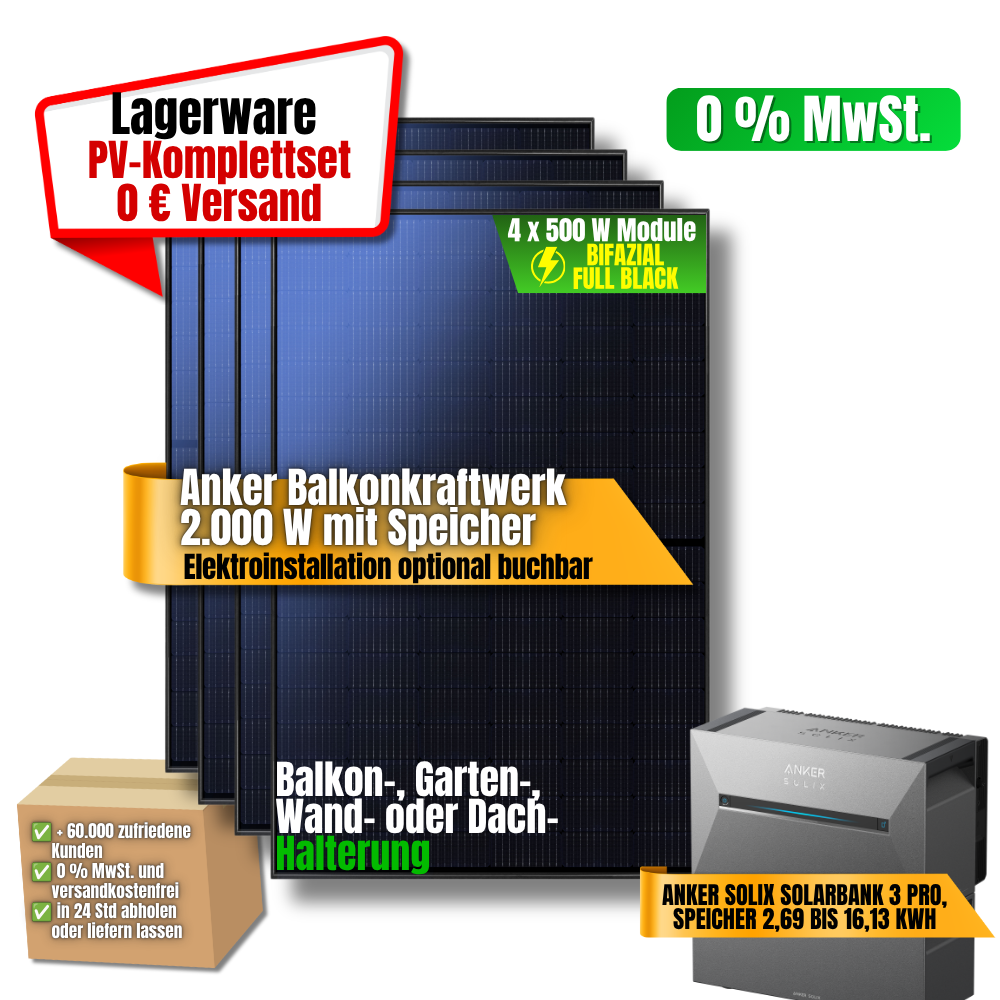 Anker Balkonkraftwerk 2.000 W mit 4 Modulen à 500 W und Anker SOLIX Solarbank 3 Pro Speicher als PV-Komplettset