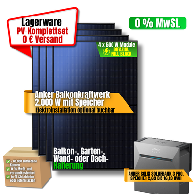Anker Balkonkraftwerk 2.000 W mit 4 Modulen à 500 W und Anker SOLIX Solarbank 3 Pro Speicher als PV-Komplettset