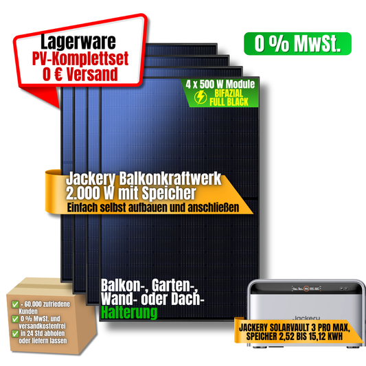 Jackery Balkonkraftwerk 2000 W mit SolarVault 3 Pro Max und vier bifazialen 500 W Modulen, Lagerware mit 0 € Versand