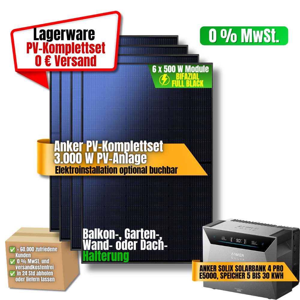 Anker PV-Komplettset 3000 W mit Solarbank 4 Pro E5000 und sechs bifazialen 500 W Modulen, Lagerware mit 0 € Versand