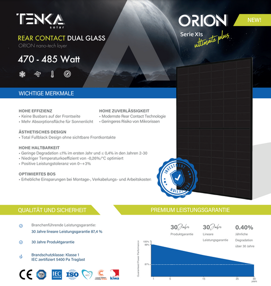 Tenka 'Orion Series Xls ultimate plus' 470W - 485W / Dual Glas / Full Black / Monofazial