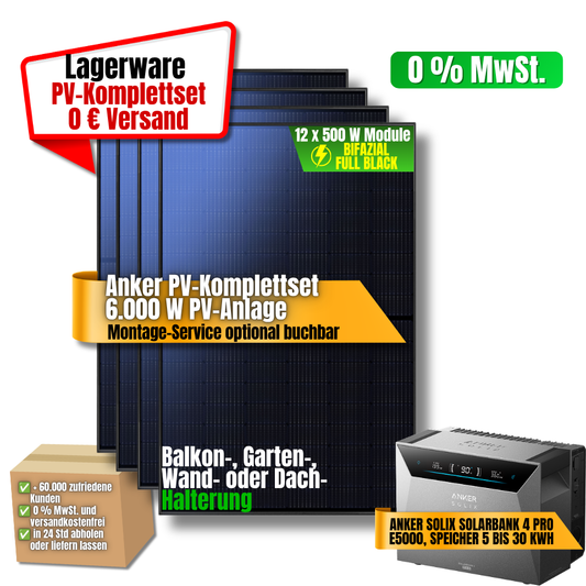 Anker PV-Komplettset 6000 W mit Solarbank 4 Pro E5000 und zwölf bifazialen 500 W Modulen, Lagerware