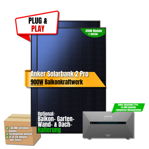 900W Balkonkraftwerk Anker mit 1,6kWh Speicher (2 x 450w Module + 1,6kWh Anker SOLIX Solarbank 2 Pro)