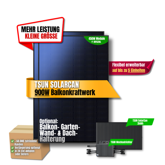 900W Balkonkraftwerk TSUN mit 2kWh Speicher ( 2 x 450w Module + 2kWh Speicher Solarcan + 2 kWh Wechselrichter)