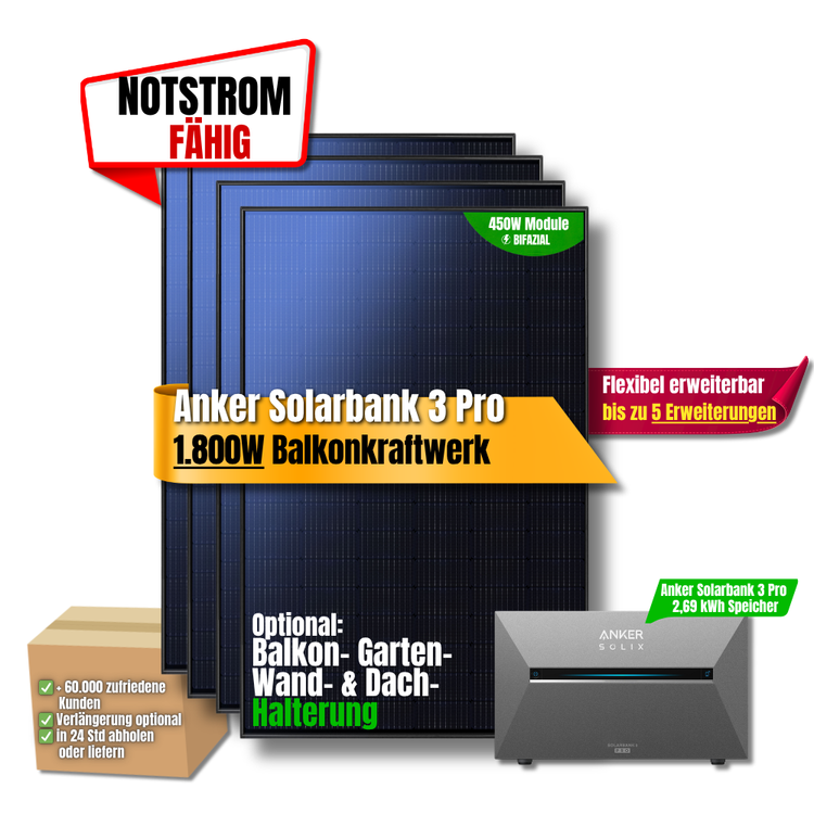 1800W Balkonkraftwerk Anker mit 2,6kWh Speicher (2 x 450w Module + 2,69kWh Anker SOLIX Solarbank 3 Pro)
