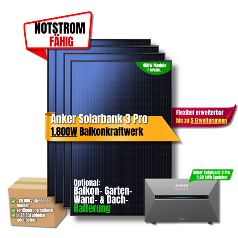 1800W Balkonkraftwerk Anker mit 2,69kWh Speicher (4 x 450w Module + 2,69kWh Anker SOLIX Solarbank 3 Pro)