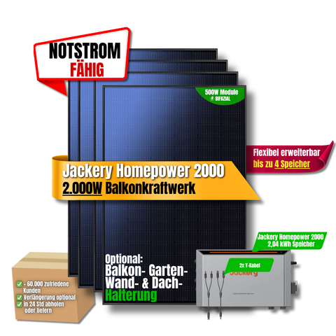 2000W Balkonkraftwerk Jackery mit 2kWh Speicher (4 x 500w Module + 2kWh Jackery Homepower 2000 Speicher)