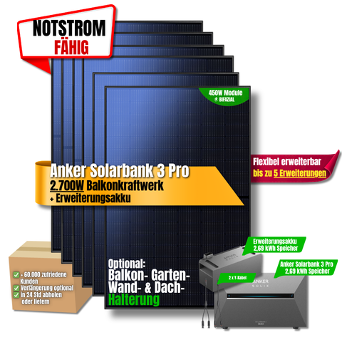 2700W Balkonkraftwerk Anker mit 5,4kWh Speicher (6 x 450w Module + 2,69kWh Anker SOLIX Solarbank 3 Pro + 2,69kWh Zusatzspeicher)