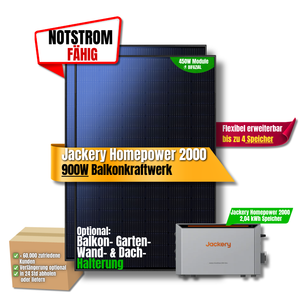 900 W Balkonkraftwerk Jackery Homepower 2000 Speicher