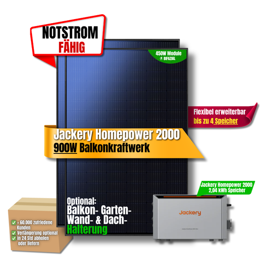 900W Balkonkraftwerk Jackery mit 2kWh Speicher (2 x 450w Module + 2kWh Jackery Homepower 2000 Speicher)