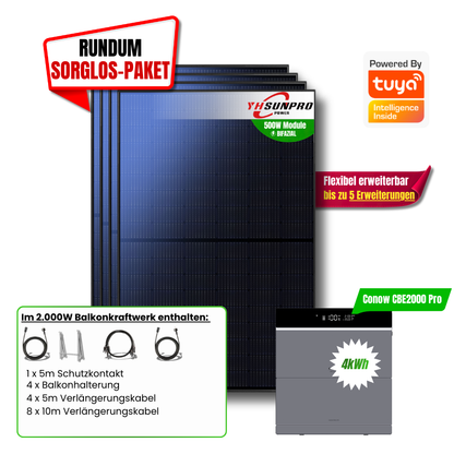2000W Balkonkraftwerk Tuya mit 4kWh Speicher (4 x 500w Module + 2kwh Speicher CBE 2000 Pro + 2kWh Zusatzakku)