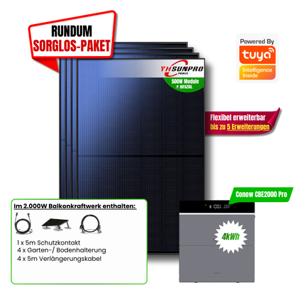 2000W Balkonkraftwerk Tuya mit 4kWh Speicher (4 x 500w Module + 2kwh Speicher CBE 2000 Pro + 2kWh Zusatzakku)