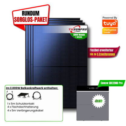2000W Balkonkraftwerk Tuya mit 4kWh Speicher (4 x 500w Module + 2kwh Speicher CBE 2000 Pro + 2kWh Zusatzakku)