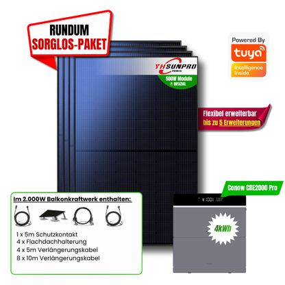 2000W Balkonkraftwerk Tuya mit 4kWh Speicher (4 x 500w Module + 2kwh Speicher CBE 2000 Pro + 2kWh Zusatzakku)