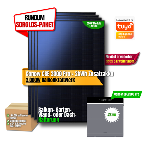 2000W Balkonkraftwerk Tuya mit 4kWh Speicher (4 x 500w Module + 2kwh Speicher CBE 2000 Pro + 2kWh Zusatzakku)