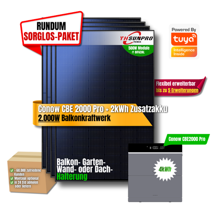 2000W Balkonkraftwerk Tuya mit 4kWh Speicher (4 x 500w Module + 2kwh Speicher CBE 2000 Pro + 2kWh Zusatzakku)