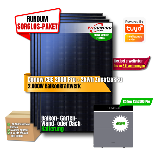 2000W Balkonkraftwerk Tuya mit 4kWh Speicher (4 x 500w Module + 2kwh Speicher CBE 2000 Pro + 2kWh Zusatzakku)