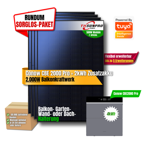 2000W Balkonkraftwerk Tuya mit 4kWh Speicher (4 x 500w Module + 2kwh Speicher CBE 2000 Pro + 2kWh Zusatzakku)