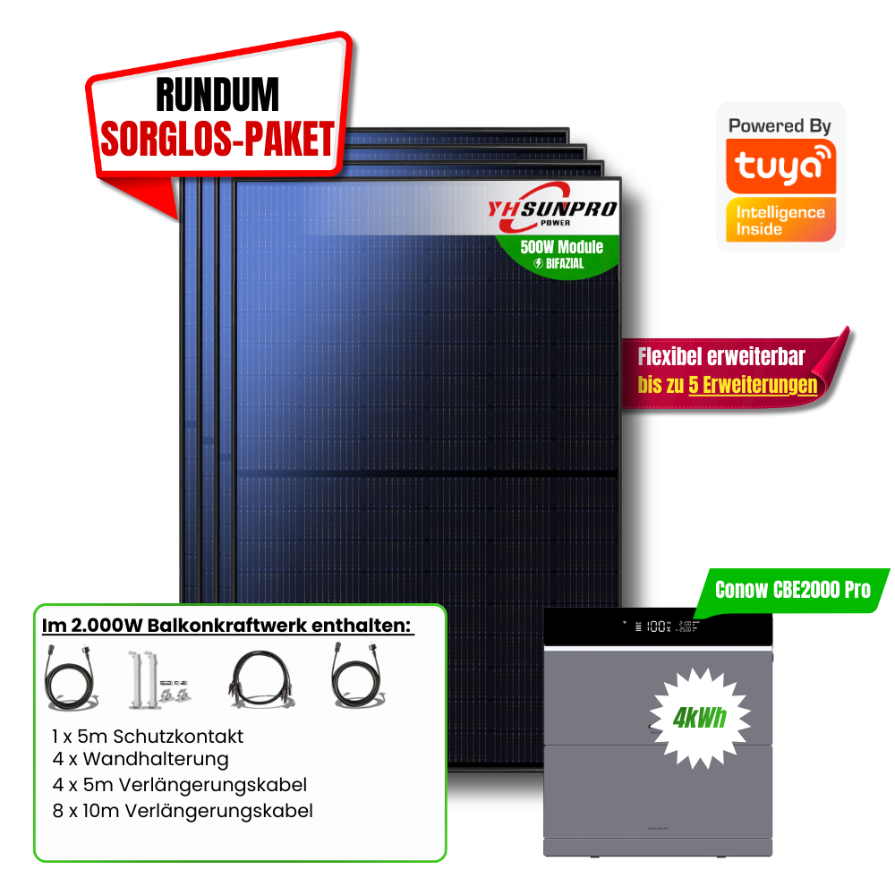 2000W Balkonkraftwerk Tuya mit 4kWh Speicher (4 x 500w Module + 2kwh Speicher CBE 2000 Pro + 2kWh Zusatzakku)
