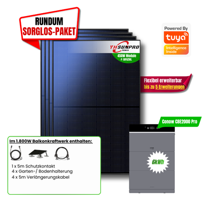 1800W Balkonkraftwerk Tuya mit 6kWh Speicher (4 x 450w Module + 2kwh Speicher CBE 2000 Pro + 2x 2kWh Zusatzakku)