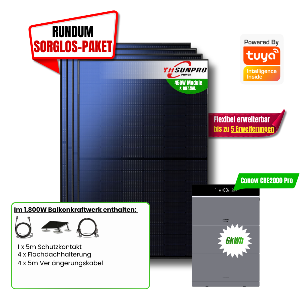 1800W Balkonkraftwerk Tuya mit 6kWh Speicher (4 x 450w Module + 2kwh Speicher CBE 2000 Pro + 2x 2kWh Zusatzakku)