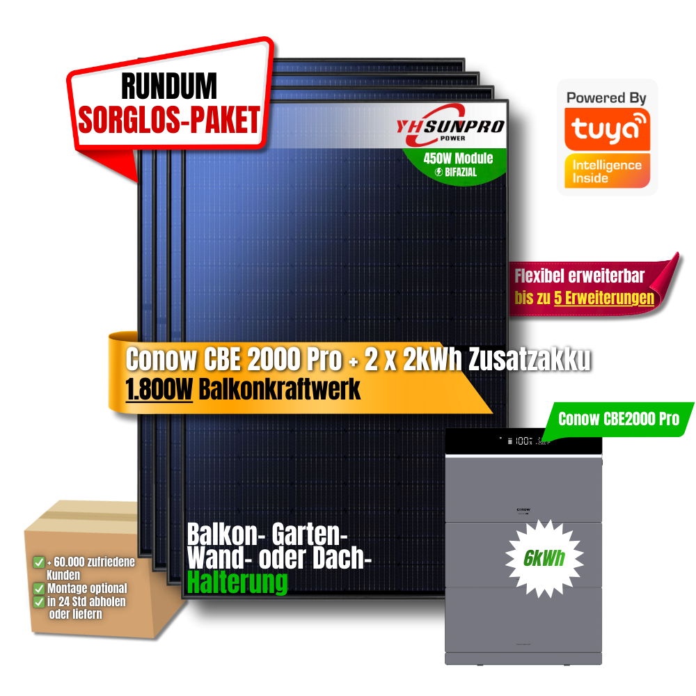 1800W Balkonkraftwerk Tuya mit 6kWh Speicher (4 x 450w Module + 2kwh Speicher CBE 2000 Pro + 2x 2kWh Zusatzakku)