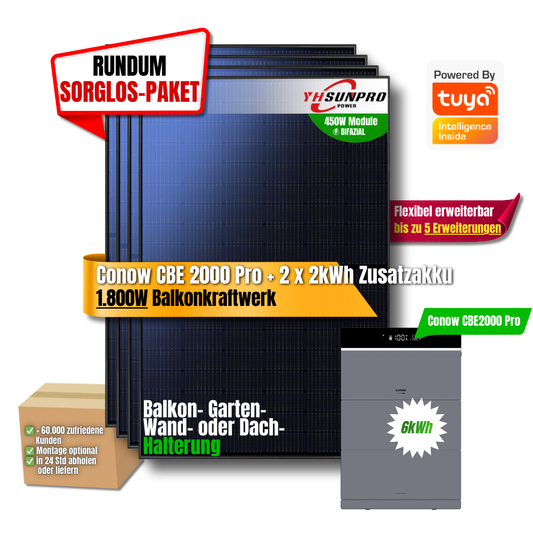 1800W Balkonkraftwerk Tuya mit 6kWh Speicher (4 x 450w Module + 2kwh Speicher CBE 2000 Pro + 2x 2kWh Zusatzakku)