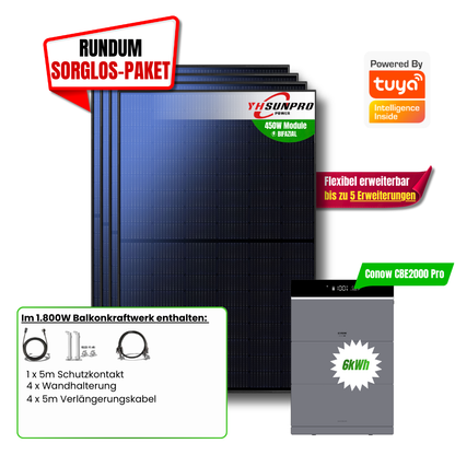 1800W Balkonkraftwerk Tuya mit 6kWh Speicher (4 x 450w Module + 2kwh Speicher CBE 2000 Pro + 2x 2kWh Zusatzakku)