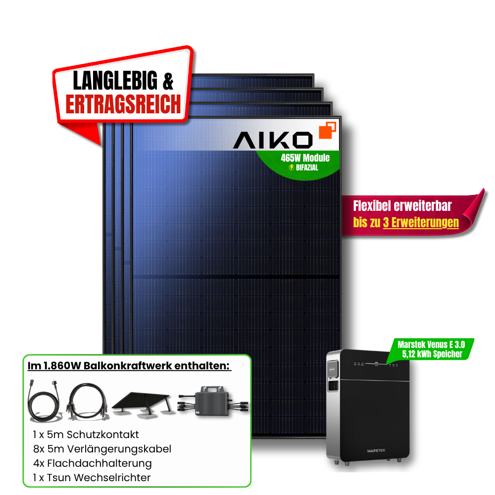 1860W Balkonkraftwerk Set Marstek Venus E 3.0 5,12 kWh Speicher inkl. TSUN Wechselrichter