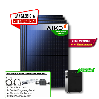 1860W Balkonkraftwerk Set Marstek Venus E 3.0 5,12 kWh Speicher inkl. TSUN Wechselrichter