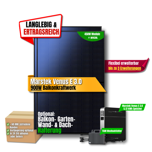 900W Balkonkraftwerk Marstek mit 5,12kWh Speicher ( 2 x 450w Module + 5,12kWh Marstek Venus E 3.0 Speicher + 2kWh Wechselrichter)