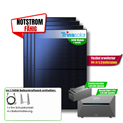 1740 Watt Anker Solix Pro 3 Balkonkraftwerk + Erweiterungsakku 5,4Kwh