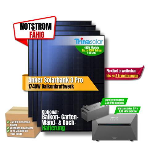 1740 Watt Anker Solix Pro 3 Balkonkraftwerk + Erweiterungsakku 5,4Kwh