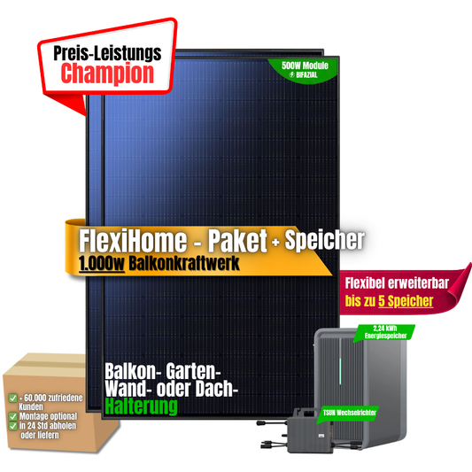 FlexiHome 1000W Balkonkraftwerk Marstek mit 2,24kWh Speicher ( 2 x 500w Module + 2,24kWh Marstek Saturn C B2500-D + 800w TSUN Wechselrichter)